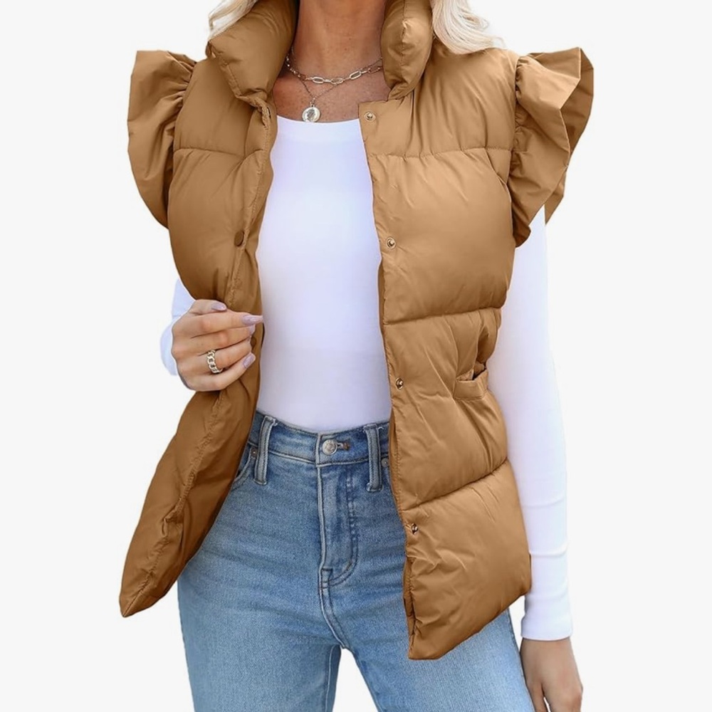 Ruffled Sleeve Puffer Vest in Tan/Camel